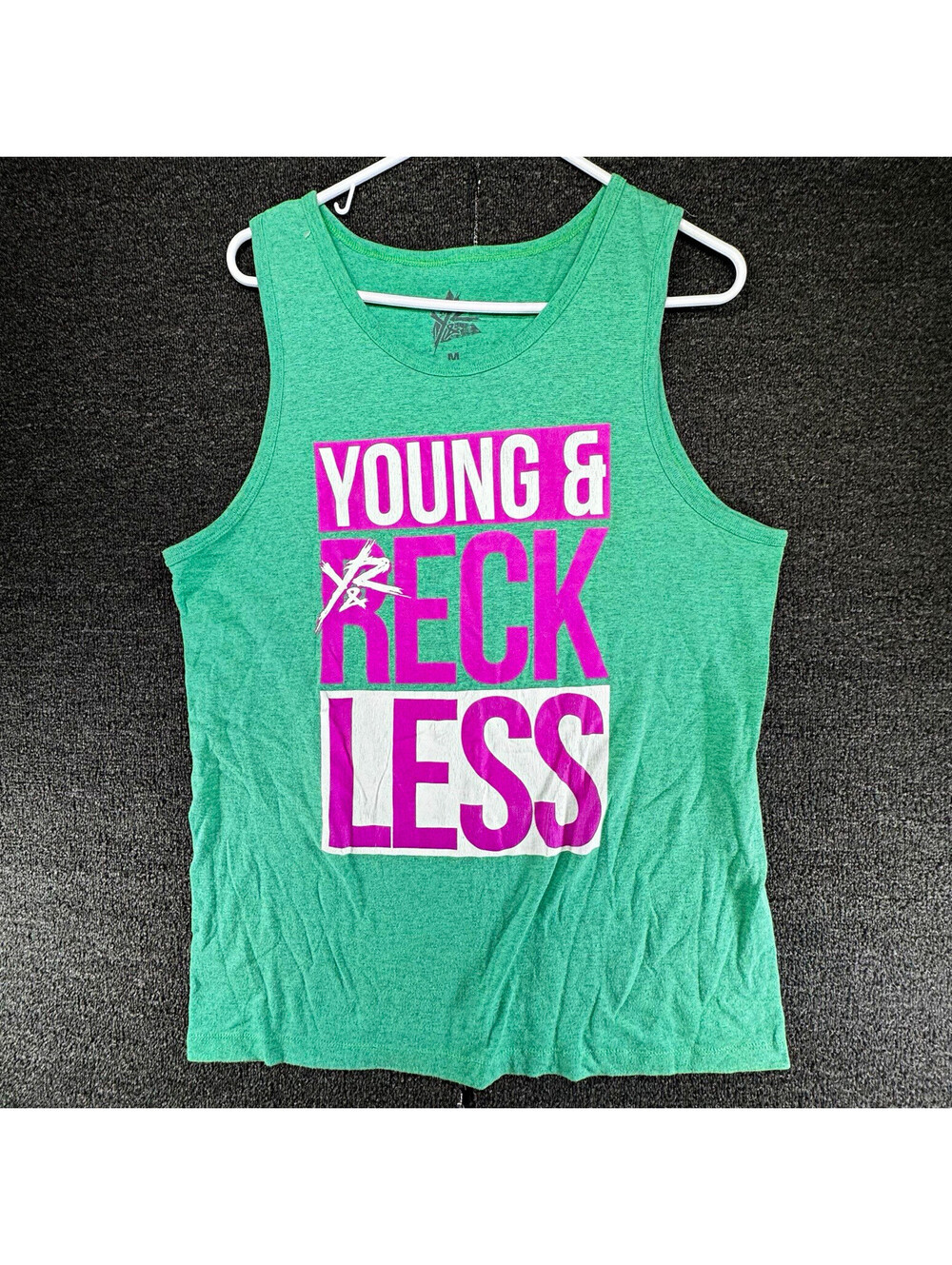 Young & Reckless Graphic Print Tank Top Green M Scoop Neck Knit Logo